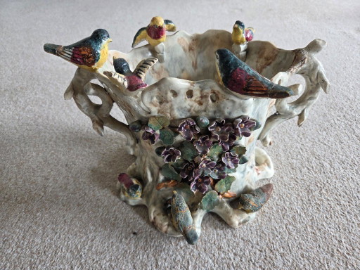 Antieke Majolica Vaas met Vogels en Bloemen