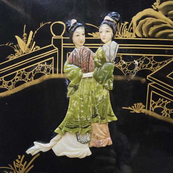 Vintage Chinese black lacquer cabinet (soapstone, mother-of-pearl) bohemian / oriental cabinet ^ bridal (photo 9 of 15)