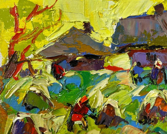 Image 1 of Original Oil Painting Evening Village Landscape Autumn gardens