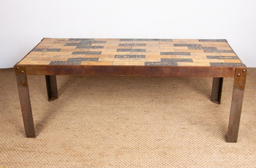 Coffee table in glazed ceramic and steel base by Jean Garbero Vallauris 1950.