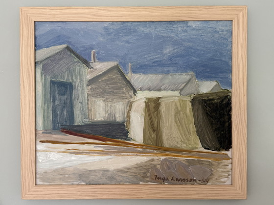 Image 1 of Vintage (1954) olieverfschilderij 'Strandhuizen' van de Zweedse schilder Inga Larsson