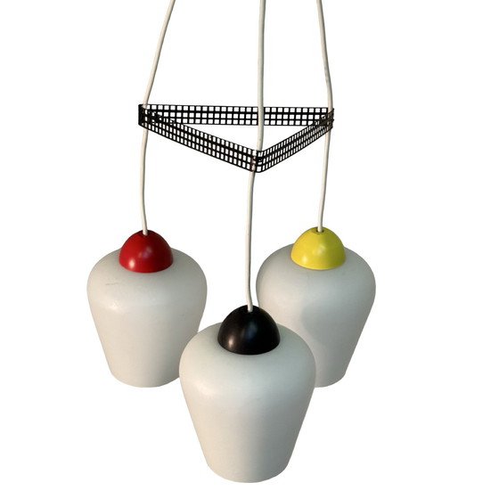 Image 1 of Vintage 50’s MCM Hanging pendant - Frosted / semi translucent white glass and multi color top - Attr. Louis Kalff / Phillips - s