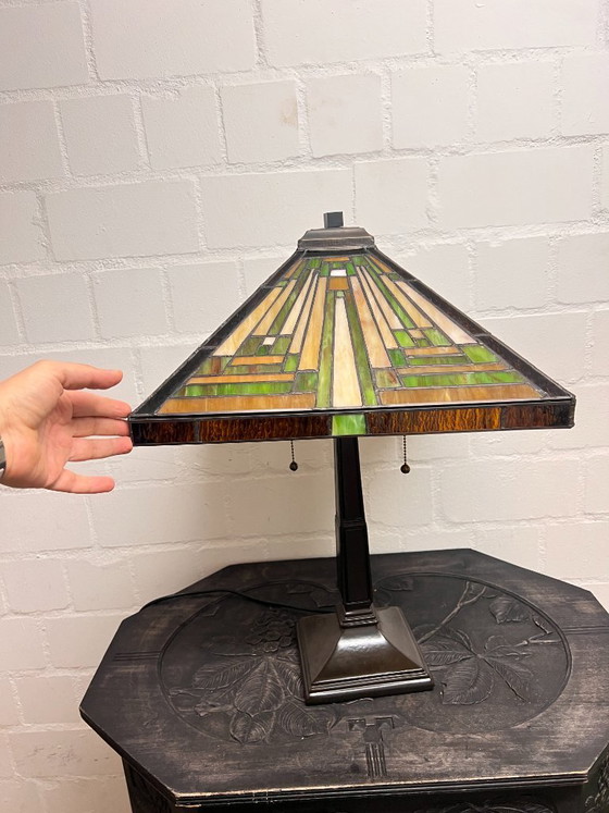 Image 1 of Large Tiffany Style Pyramid Art Deco Table Lamp, Library Lamp