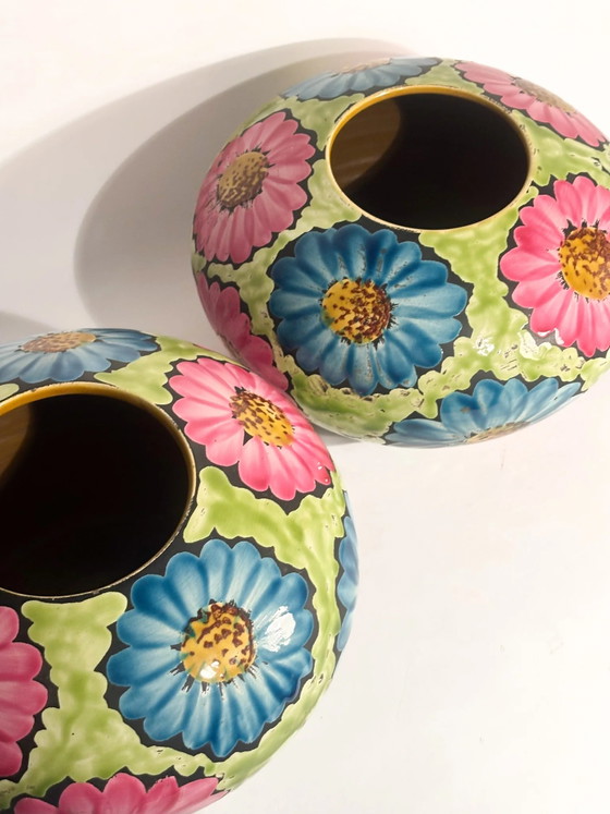 Pair of Hand-Painted Ceramic Vases with 60s Flower Power Floral Motifs (photo 12 of 17)