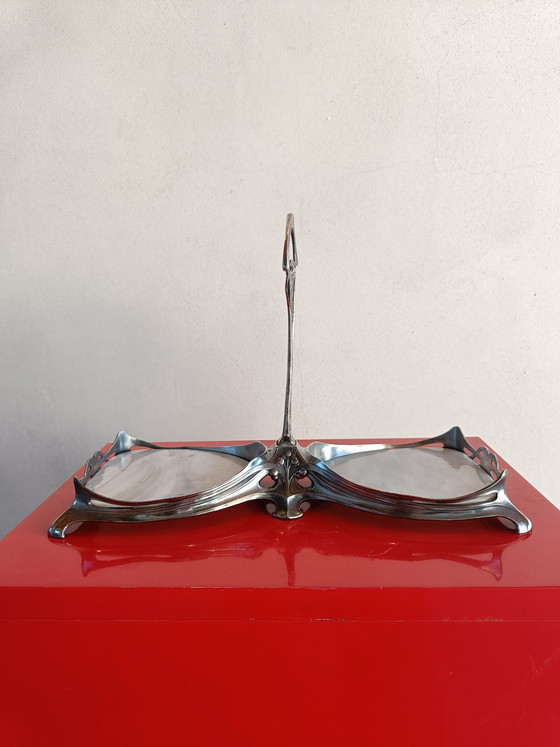 Image 1 of Soporte de servicio Art Nouveau chapado en plata con incrustaciones de piedra, principios del siglo XX.