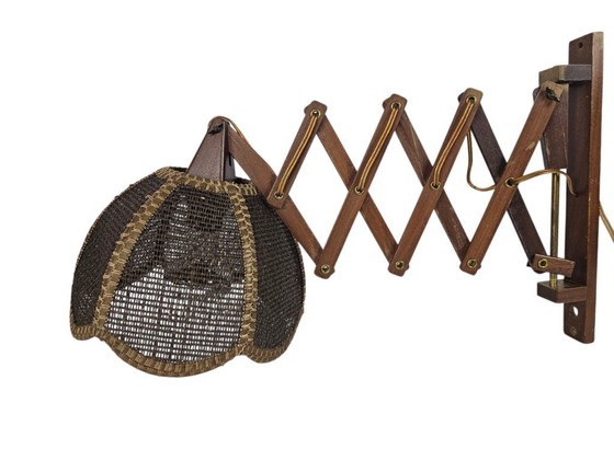 Image 1 of Schaarlamp | Harmonicalamp | wandlamp | vintage | eiken | varkensblaas | 70's |