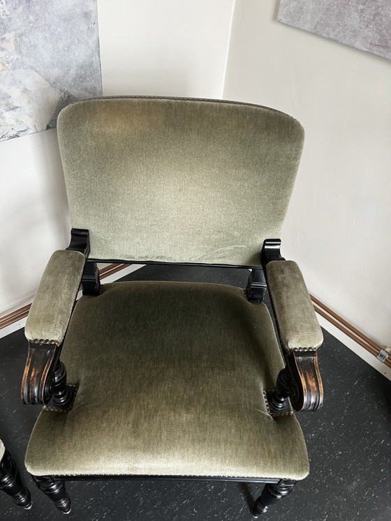 French Armchairs, Black Lacquered Wood, Olive Green Velvet (photo 11 of 15)