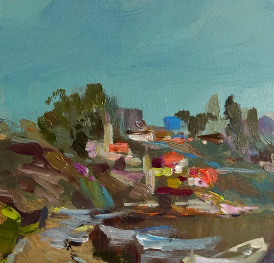 Image 1 of Origineel olieverfschilderij: Somber kustlandschap, stadsboot, veerboot