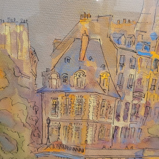 Image 1 of Aquarelle sur papier « Pont Marie, Paris », post-impressionnisme, signée Gilis, 1962 - France