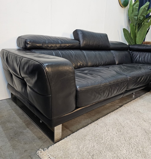 Montel Corner Sofa Black Leather Adjustable Headrests