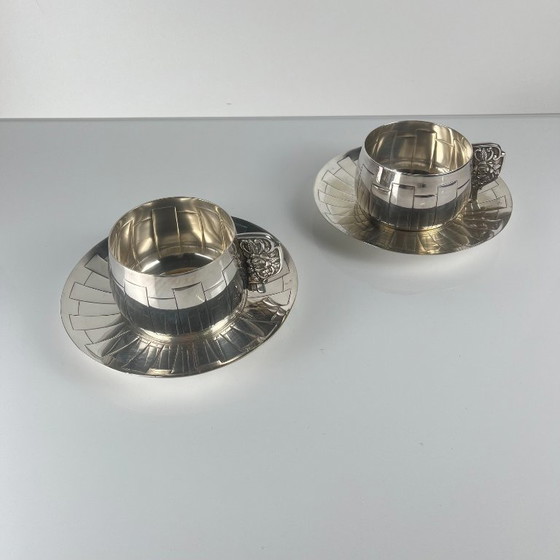 Image 1 of Pair of Art Deco silver-plated cups and saucers, Corbière & Vuillermoz (attributed), France, circa 1920/30.