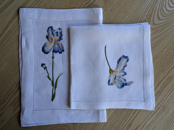 Image 1 of Set and matching napkin with Iris motif attributed to D. Porthault