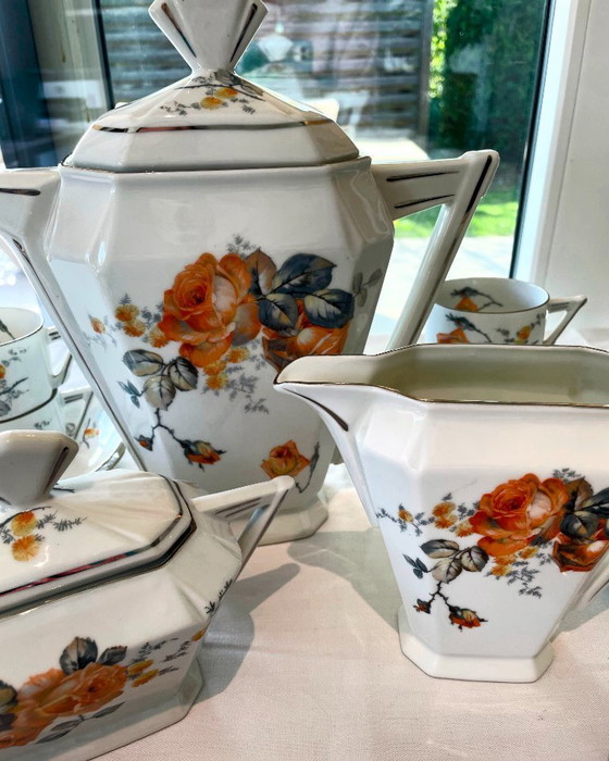 Image 1 of Vintage Eichwald theeservies voor 12 personen – Art Deco porseleinen servies – Oranje rozenpatroon