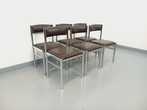 Suite de 6 chaises vintage des années 70 en métal chromé et skai marron