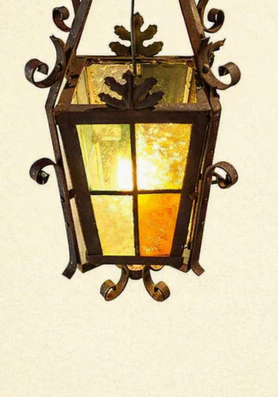 Lanterne/Suspension Art Déco française antique, vitrail. – Art Deco, Metal (photo 7 of 14)