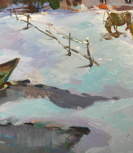 Image 1 of Original Oil Painting Winter House Landscape Path through snowdrifts