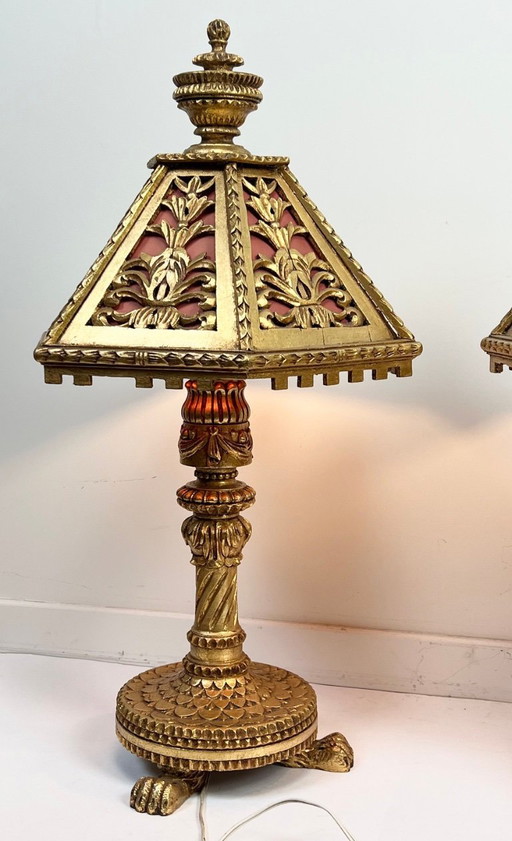 2x Italian Florentine gilded wood, midcentury table lamps, monumental! Dramatic!