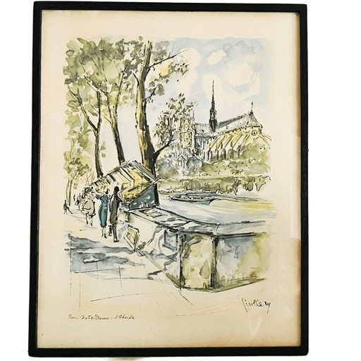 Vintage mid-century Guillery Lithograph Paris Notre Dame apse painting 1960s