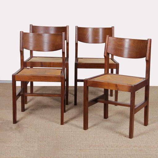 Satz von 4 Vintage-Stühlen aus Massivholz und Stroh, 1980