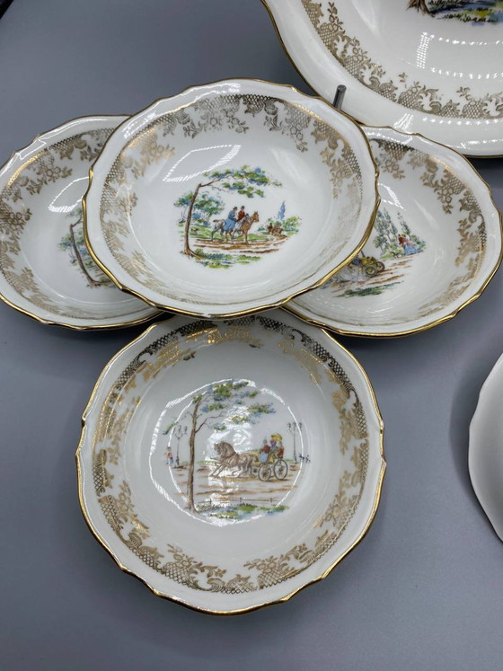 Limoges CD Porcelain Dessert Set, Polychrome Equestrian Promenade Scenes, Gilded Frieze, 9 Pieces (photo 3 of 6)