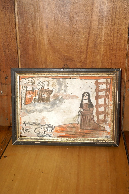 19th Century Ex-Voto Painting * Italian Religious Folk Art * Oil on Board * Sacred Heart Vision * Antique Devotional Art