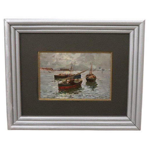 Gulf of Naples with Fishermen Signed R. Leone, Oil Painting on Board, Italy Early 20th Century