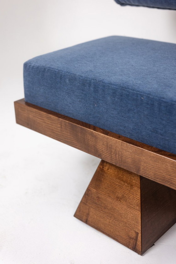 Image 1 of Banquette 3 places en frêne clair et velours de mohair bleu. Contemporain