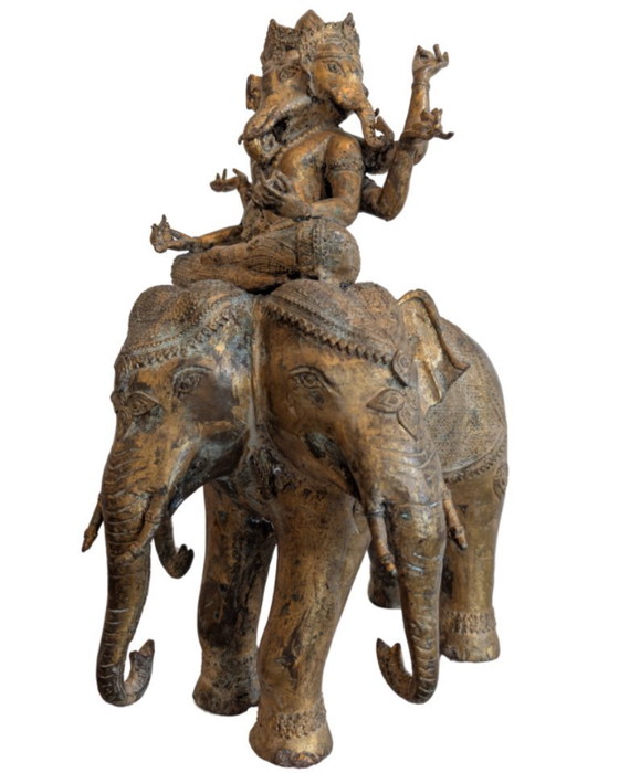 Image 1 of Raro Newar Ganesha del XVII/XVIII secolo su Airavata – Dorato a fuoco – 49 cm