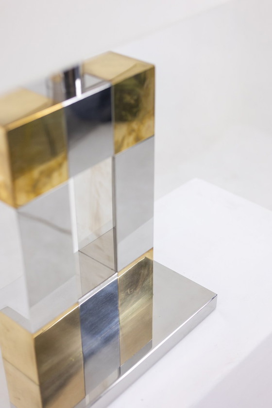 Image 1 of Geometrische lamp van zilver en goud metaal, 1970