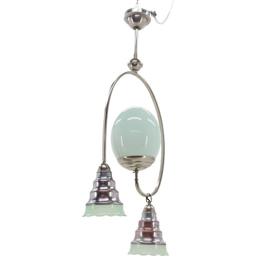 Lampadario vintage Art Déco in cromo e vetro verde chiaro, 1930