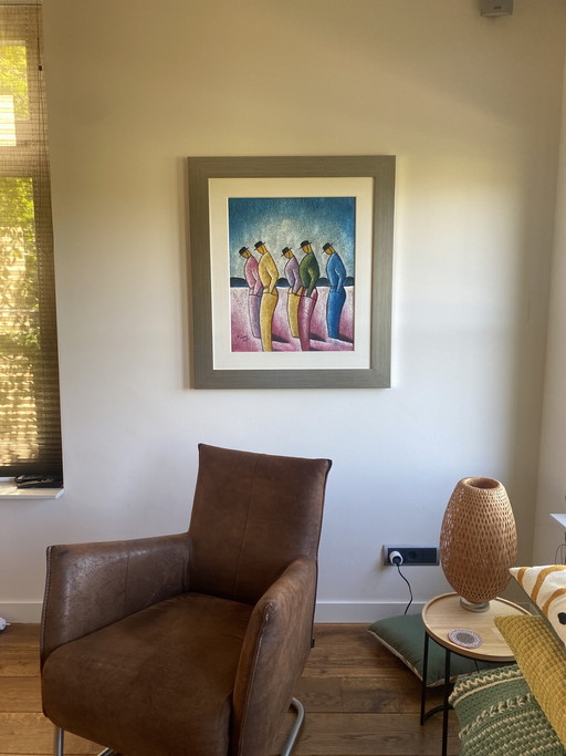 Modern kunstwerk met vijf figuren – voelbare textuur en prachtig kleurgebruik, formaat 78x89