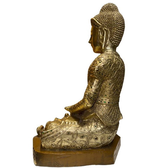Estatua antigua de Buda Mandalay birmano – Madera dorada con incrustaciones de vidrio – Myanmar ca. 1880–1920 (photo 6 of 10)