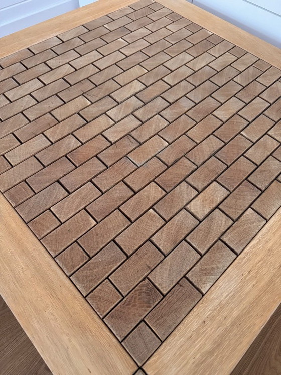 Image 1 of Salontafel met houten mozaïek inleg, brutalistische stijl, massief eikenhout