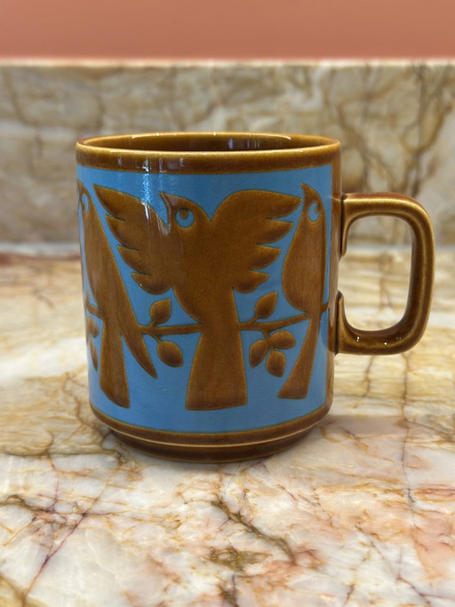 Vintage Jaren 70 Hornsea Pottery Blauw & Bruin Birds Mok - Zeldzaam Verzamelobject – tafelaccessoires, Ceramic