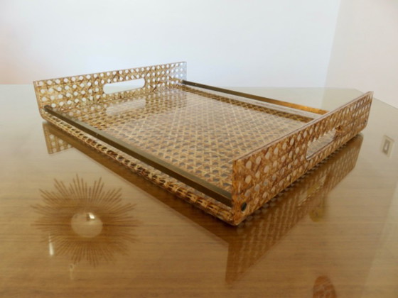 Image 1 of "CHRISTIAN DIOR" tray, France, circa 1970, plexiglass, lucite with caning inclusions