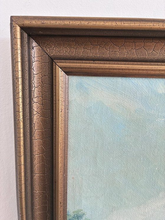 Image 1 of Grande peinture à l'huile originale vintage représentant un paysage avec un chien