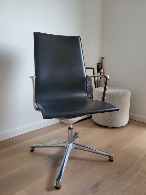 Icf Office Chair, Model Kuna. High Back, Swivel Chair With 4 Legs. Chair Materials: Brown Leather And Aluminum