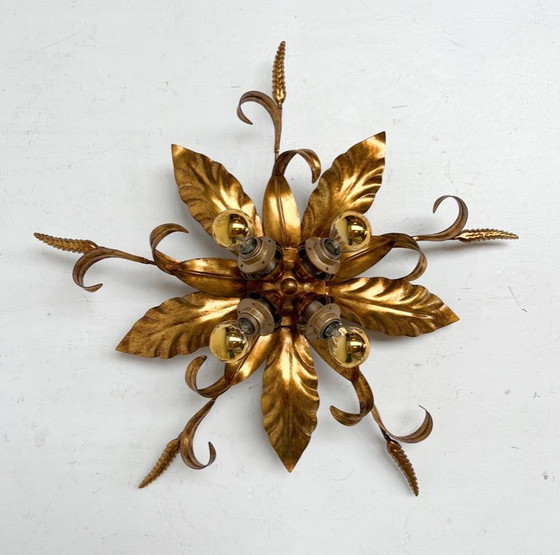 Image 1 of Vergulde XL plafondlamp of wandlamp uit Italië, 1970's