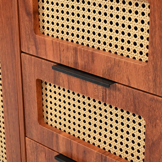 Image 1 of Urban Meuble vintage dressoir van rotan in walnoot houtlook met 2 deuren en 3 lades met zwarte handgrepen 120*38*78cm CRI