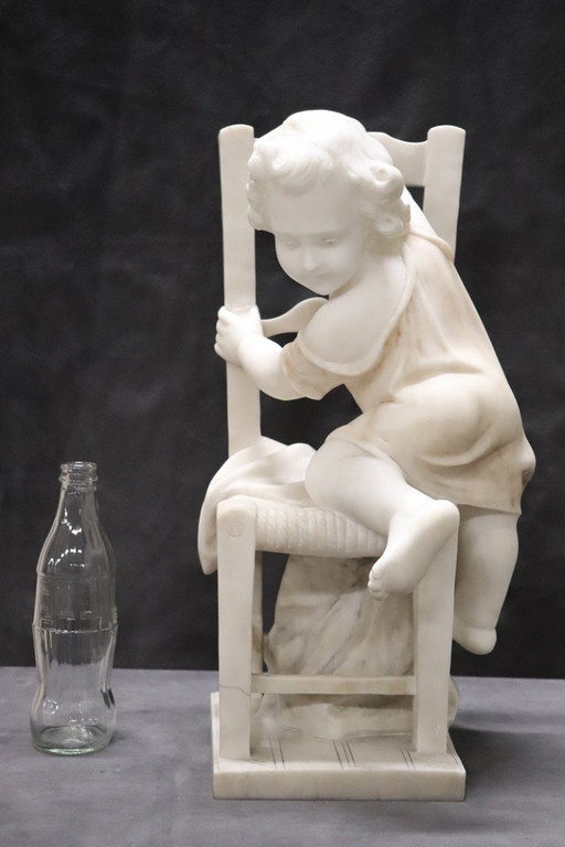 Child Gets off Chair, 19th Century Italian Marble Sculpture, Signed