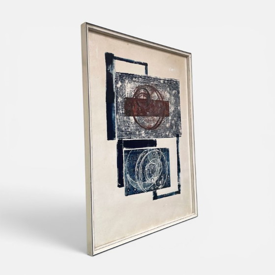 Image 1 of Abstrakter Druck in Burgunderrot und Blau, Mid-Century Modern, signiert