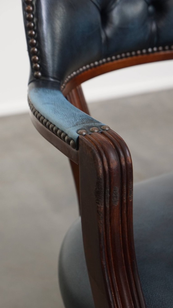Image 1 of Blue cowhide leather and wood chesterfield office chair in English style