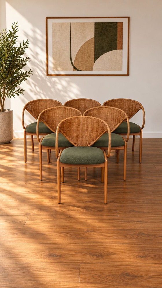 Tavolo e sedie LUBKE vintage design scandinavo – Lübke, Set da pranzo, Rattan, Tessile (photo 7 of 10)