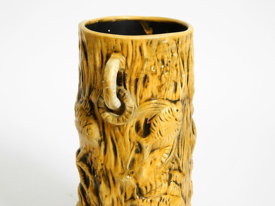 Image 1 of Beautiful large handmade glazed ceramic floor vase, handled vase with maritime fish and starfish motifs | Mid Century Modern