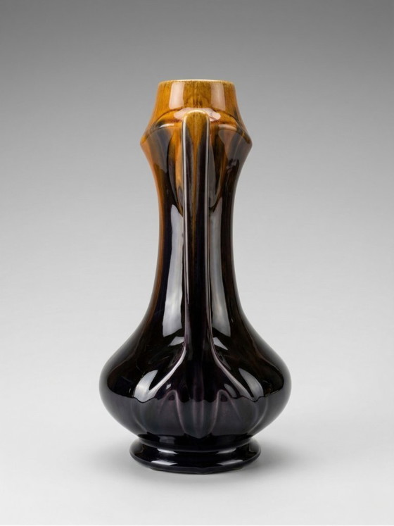 Image 1 of Art Deco vase in flamed brown-black glazed stoneware – openwork handles – French work – 1930s – 28 cm