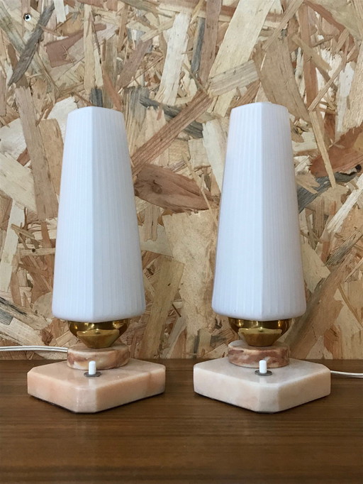 2 lampes vintage en marbre et opaline années 70