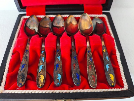 Set of 6 Soviet Silver Cloisonné Enamel Spoons – Tallinn 1968 – Tallinna Juveelivabrik, Cutlery Sets (photo 2 of 13)