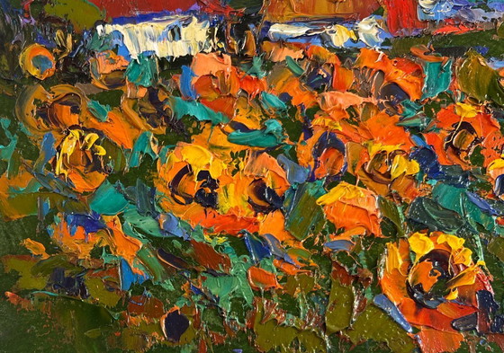 Image 1 of Original Oil Painting Evening Village Landscape Village life in the summer