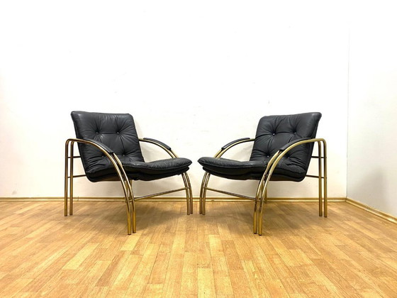 Image 1 of Vintage leren en metalen fauteuils, jaren 90, set van 2