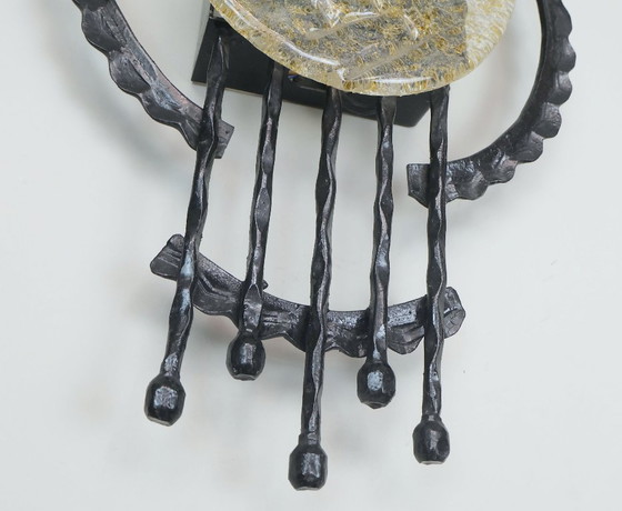Image 1 of mid century brutalist style wrought iron and glass wall lamp sconce 1960s 1970s